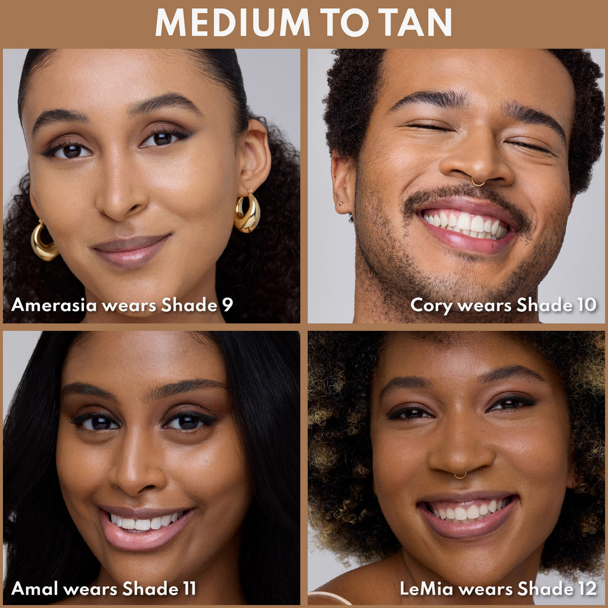 Vier Personen mit mittelerer bis gebräunter Haut, jeweils mit passender Concealer-Nuance von Shade 9 bis Shade 12 gezeigt.