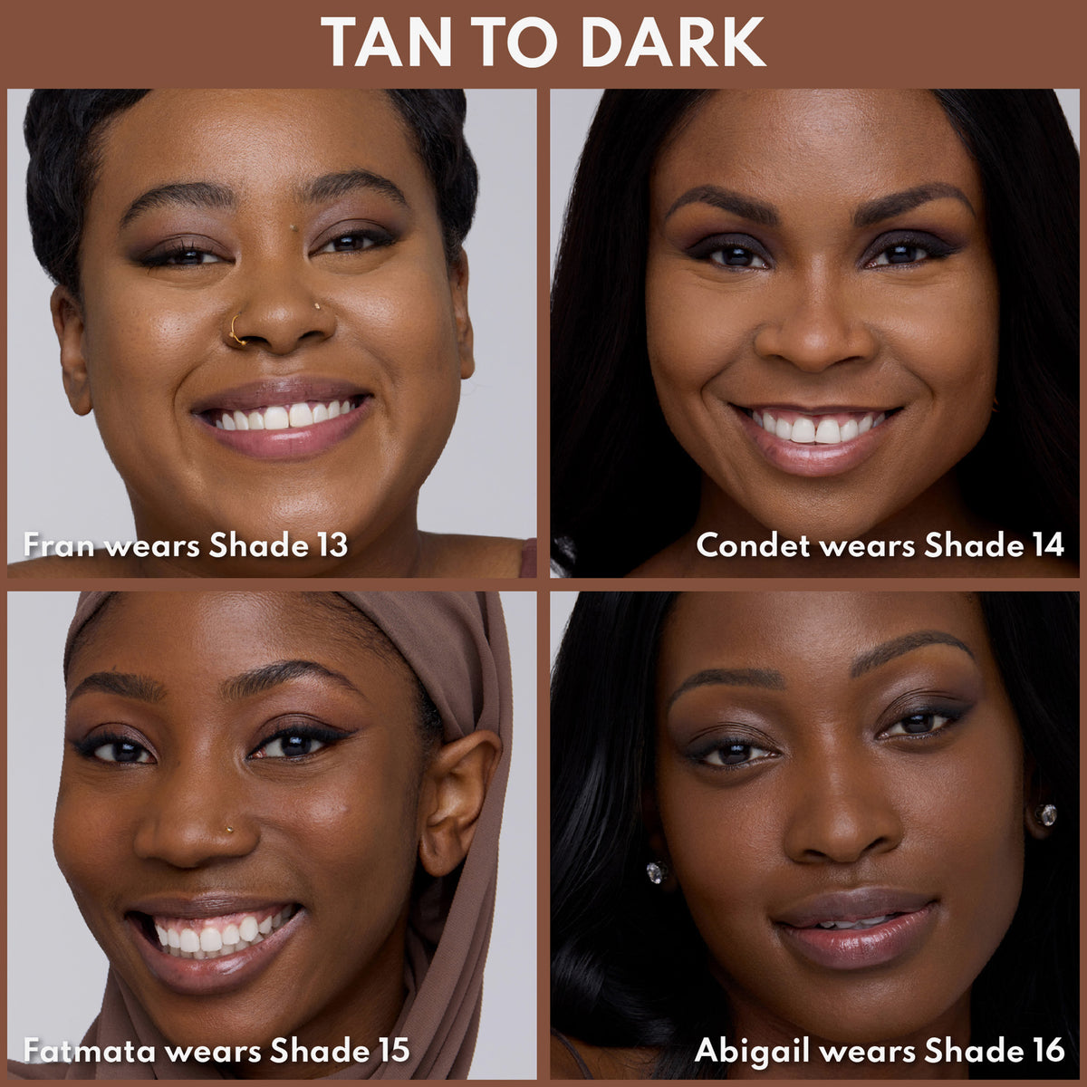 Vier Personen mit gebräunter bis dunkler Haut, jeweils mit passender Concealer-Nuance von Shade 13 bis Shade 16 gezeigt.