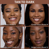 Vier Personen mit gebräunter bis dunkler Haut, jeweils mit passender Concealer-Nuance von Shade 13 bis Shade 16 gezeigt.