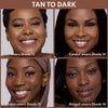 Vier Personen mit gebräunter bis dunkler Haut, jeweils mit passender Concealer-Nuance von Shade 13 bis Shade 16 gezeigt.