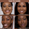 Vier Personen mit gebräunter bis dunkler Haut, jeweils mit passender Concealer-Nuance von Shade 13 bis Shade 16 gezeigt.