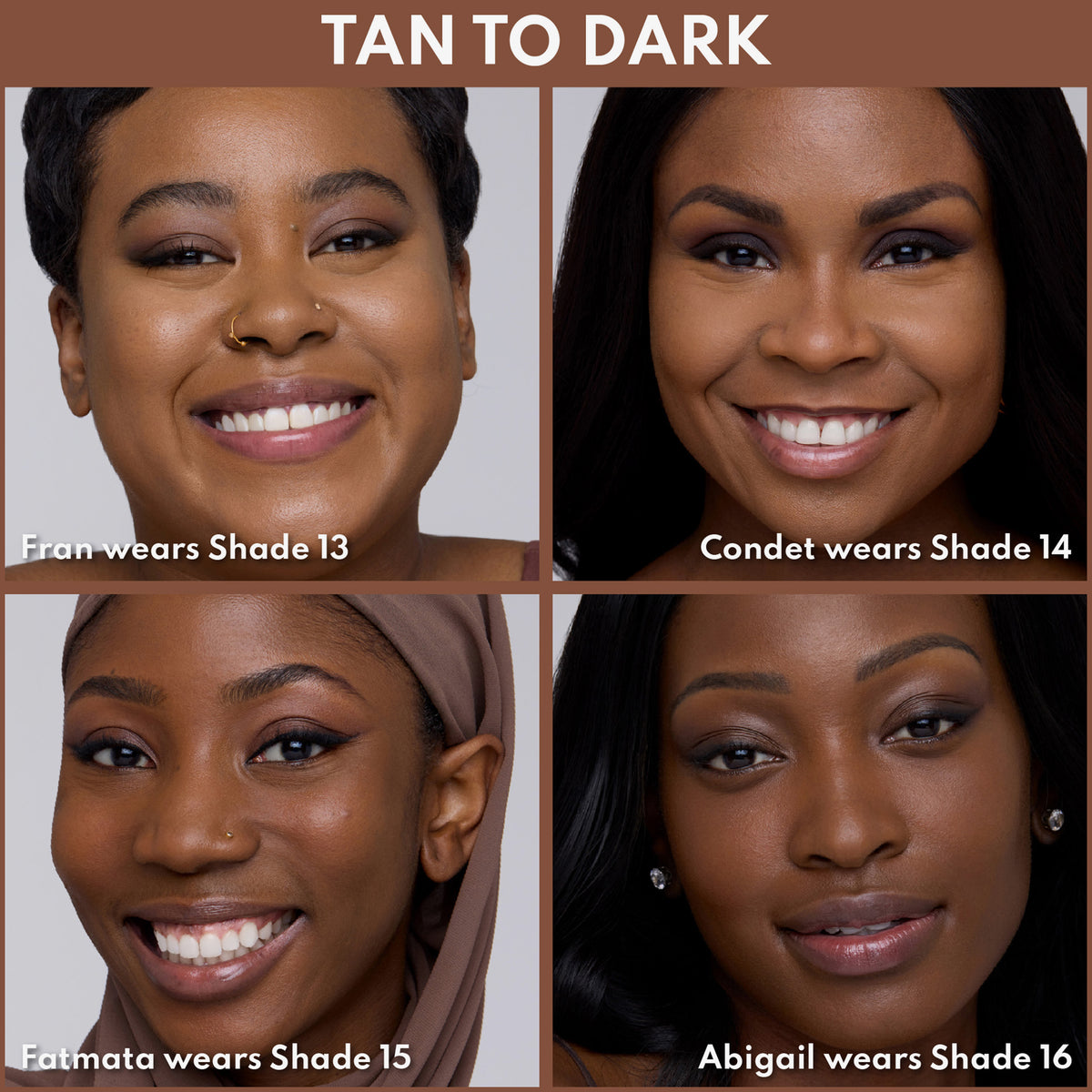 Vier Personen mit gebräunter bis dunkler Haut, jeweils mit passender Concealer-Nuance von Shade 13 bis Shade 16 gezeigt.