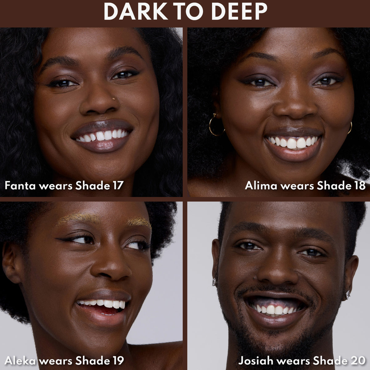 Vier Personen mit dunkler bis tief-dunkler Haut, jeweils mit passender Concealer-Nuance von Shade 17 bis Shade 20 gezeigt.