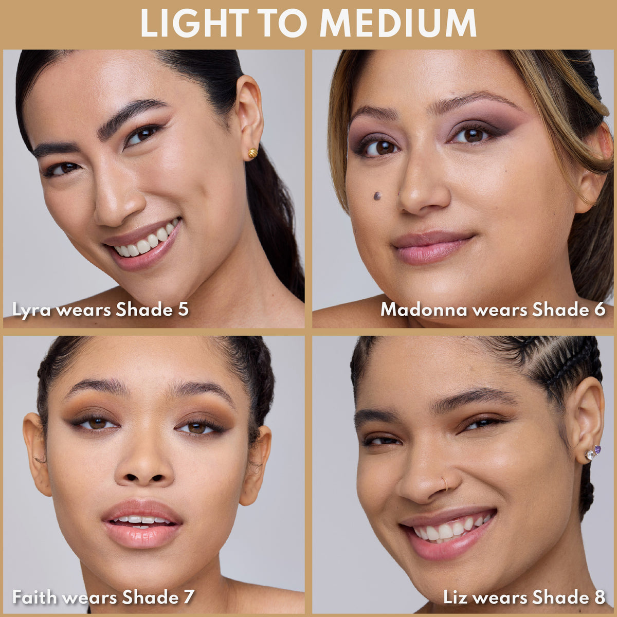 Vier Personen mit hell bis mittlerer Haut, jeweils mit passender Concealer-Nuance von Shade 5 bis Shade 8 gezeigt.
