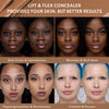 Vorher-Nachher-Bild von vier Personen, das zeigt, wie der Lift & Flex Concealer Hautunreinheiten und Hautprobleme abdeckt.
