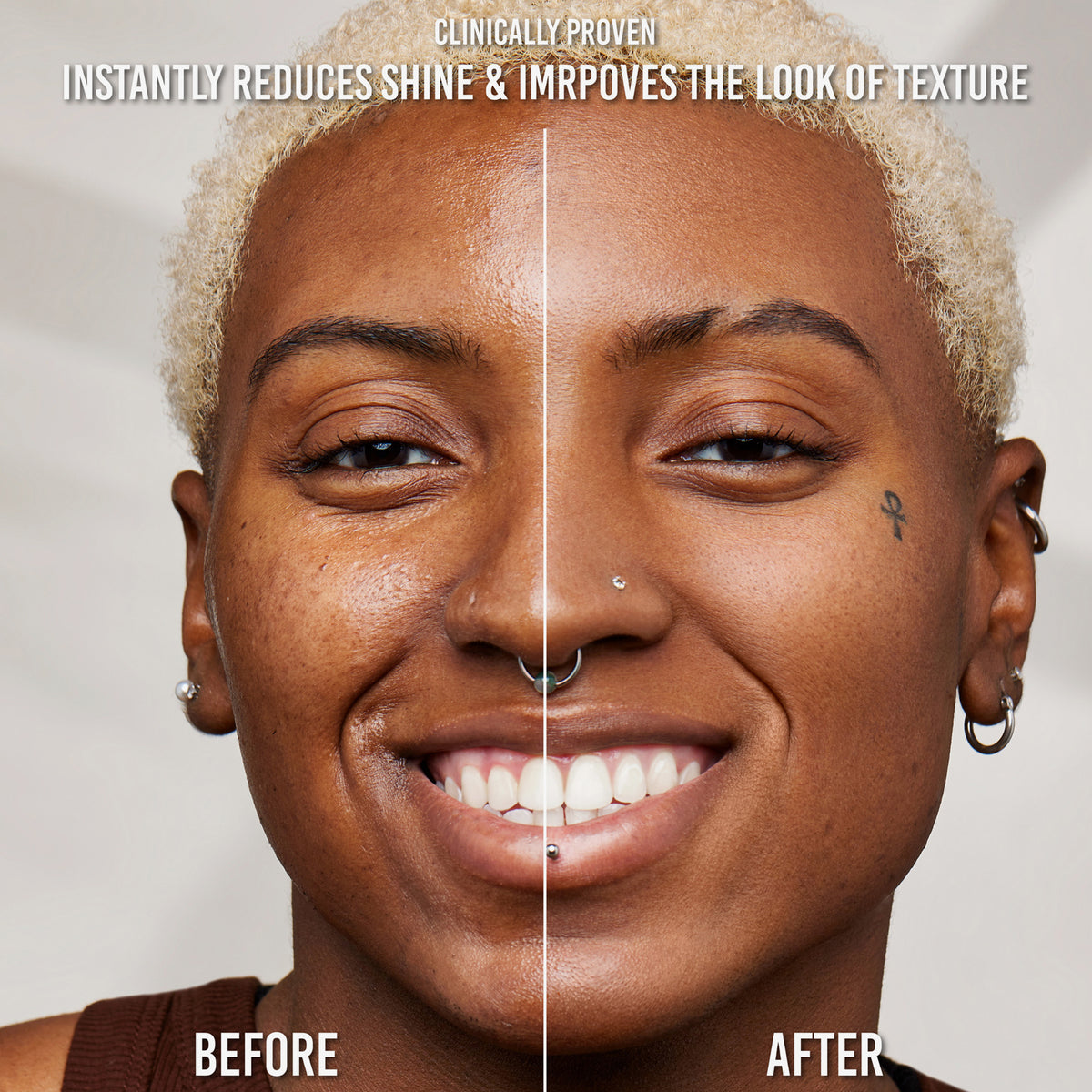 Geteiltes Bild einer lächelnden Person zeigt die Hautstruktur vor und nach der Verwendung des Yummy Skin Water Powder Serum, das den Glanz reduziert.