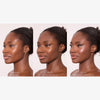 Das Gesicht einer Frau wird ohne Grundierung, mit Cooling Blur Mattifying Primer und mit Grundierung plus Make-up gezeigt, wodurch Hautunterschiede hervorgehoben werden.