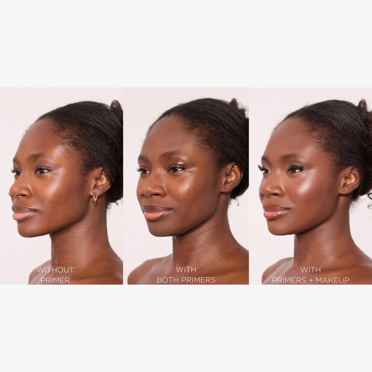 Das Gesicht einer Frau wird ohne Grundierung, mit Cooling Blur Mattifying Primer und mit Grundierung plus Make-up gezeigt, wodurch Hautunterschiede hervorgehoben werden.