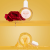 Zwei Hair Syrup Haaröle: oben Rose Bloom mit roter Rose, unten Honey Dew ausgelaufen; beide auf gelbem Hintergrund mit Tropfen.