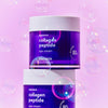 Zwei violette Tiegel Collagen Peptide Eye Cream mit Seifenblasen vor rosa Hintergrund.