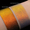 Zwei Muster des Opal Multichrome Loose Eyeshadow Candlelight mit unterschiedlichen Grundierungen; eins mit der Black Base (gold-gelb-orange), ein mit der Fix Potion (gelb-orange).
