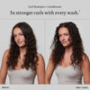 Vorher-Nachher-Vergleich der Haare einer Frau, nach der Anwendung von Curl Shampoo und Conditioner, sichtbar definiertere braune Locken.