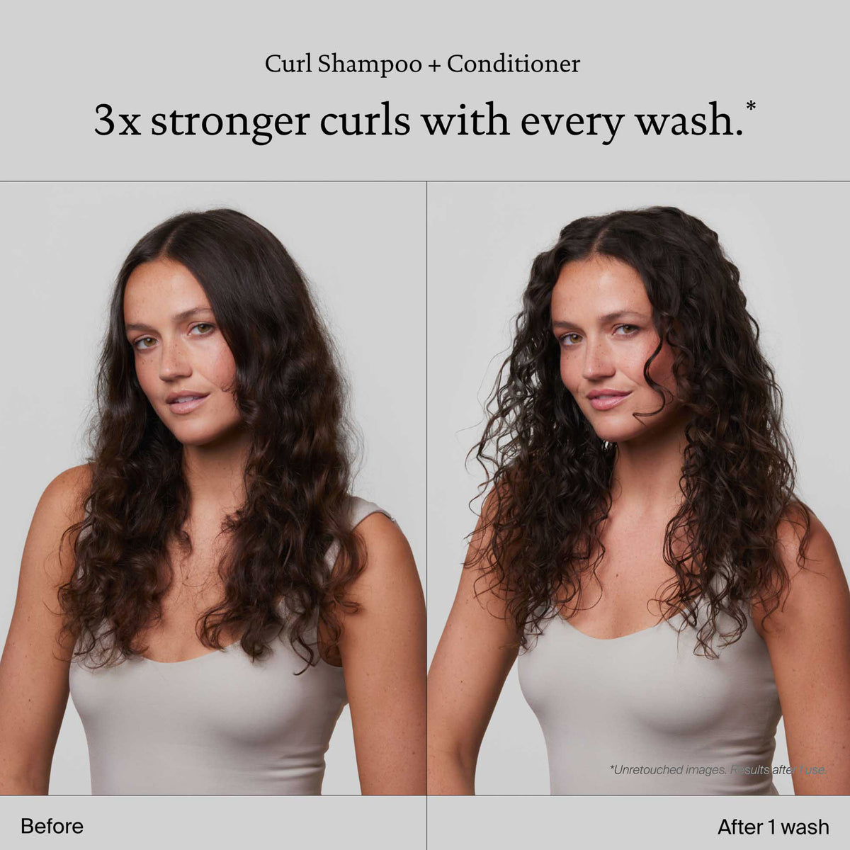 Vorher-Nachher-Vergleich der Haare einer Frau, nach der Anwendung von Curl Shampoo und Conditioner, sichtbar definiertere braune Locken.
