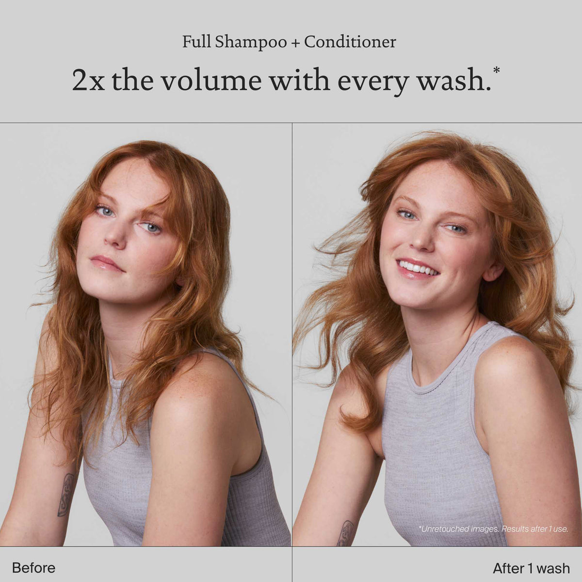 Vergleichsbild einer Frau vor und nach der Verwendung von Living Proof Full Shampoo, das volleres Haarvolumen zeigt.