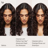 Eine Frau mit lockigem Haar ist vor, nach der Verwendung des Living Proof Perfect Hair Day Advanced Clean Dry Shampoo abgebildet.