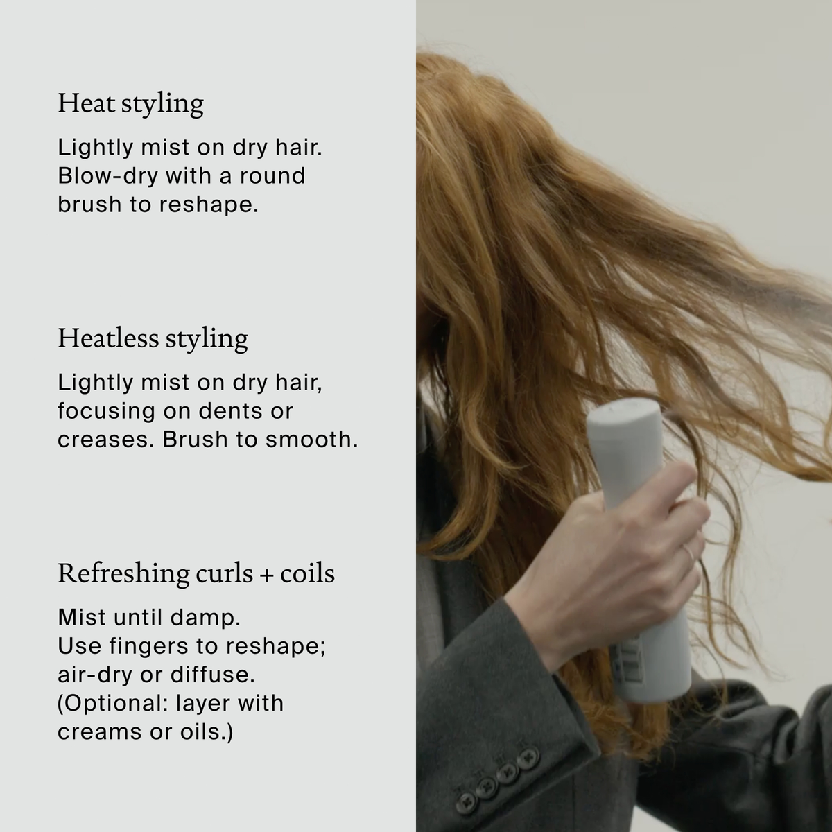 Eine Person sprüht Living Proof Perfect Hair Day Style Refresh Hair Mist auf gewelltes Haar; die Stylinganweisungen sind auf der linken Seite zu sehen.