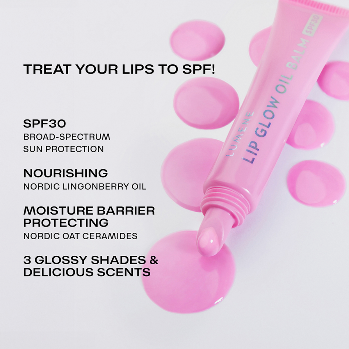 Eine rosafarbene Tube Lumene Lip Glow Oil Balm SPF30 mit rosafarbenen Tropfen neben einem Text, der den LSF, die Vorteile und die Eigenschaften auflistet.