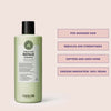 Grüne Flasche Structure Repair Shampoo mit schwarzem Deckel aus der Structure Repair Beauty Bag 2025, neben Produktvorteilen auf blassrosa Hintergrund.