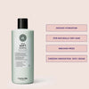 Grüne Flasche True Soft Shampoo mit schwarzem Deckel aus der True Soft Beauty Bag 2025, neben Produktvorteilen auf blassrosa Hintergrund.