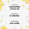 Gelbe Kapseln und klare Bläschen umgeben Text zu drei Wirkstoffen: Niacinamid, B-Vitamine und Zinkoxid, mit jeweils kurzer Wirkbeschreibung.