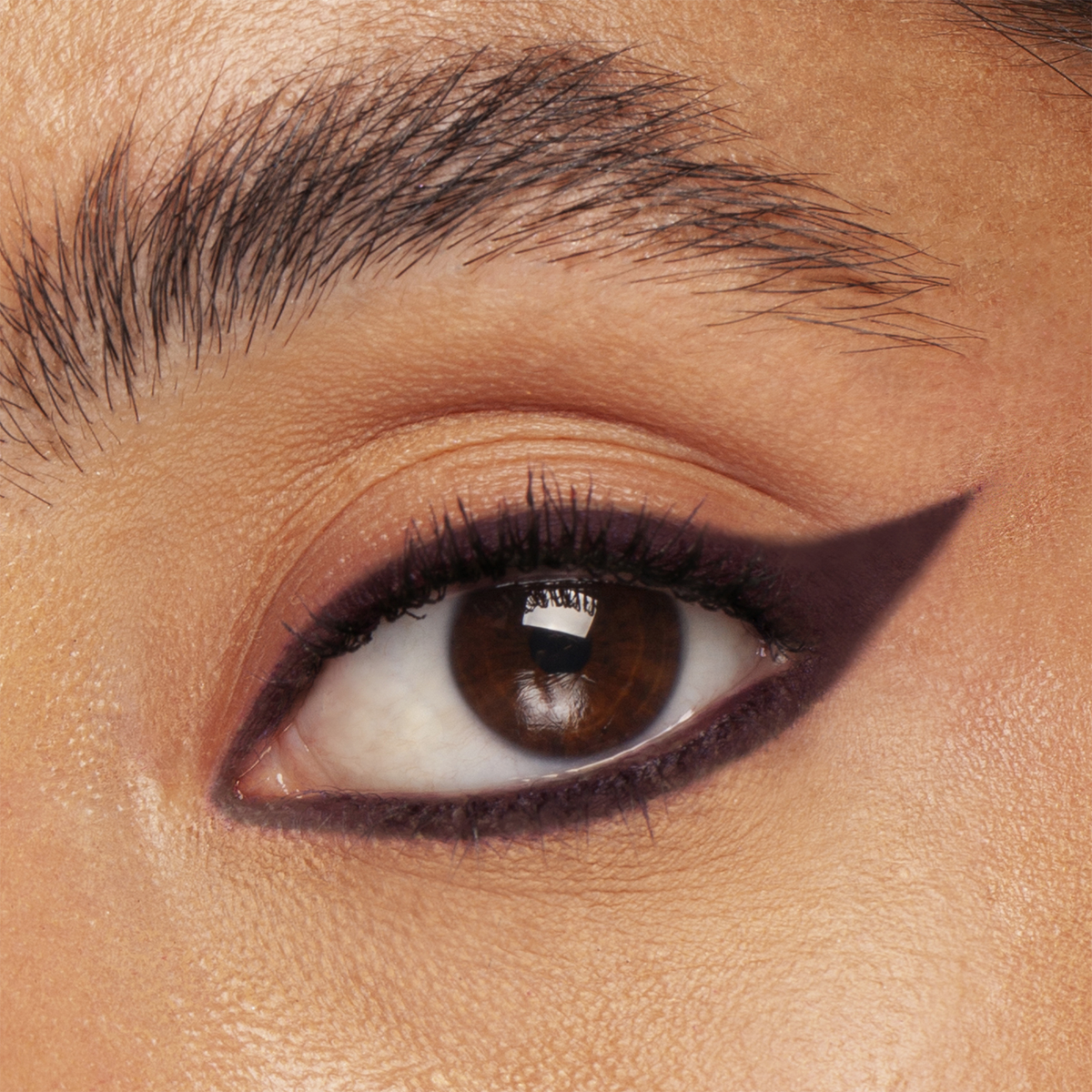 Nahaufnahme eines braunen Auges mit kräftigem, schwarzem Wing-Eyeliner und einer definierten Augenbraue, kreiert mit THE GLAM FEMULINE von Mesauda Beauty.