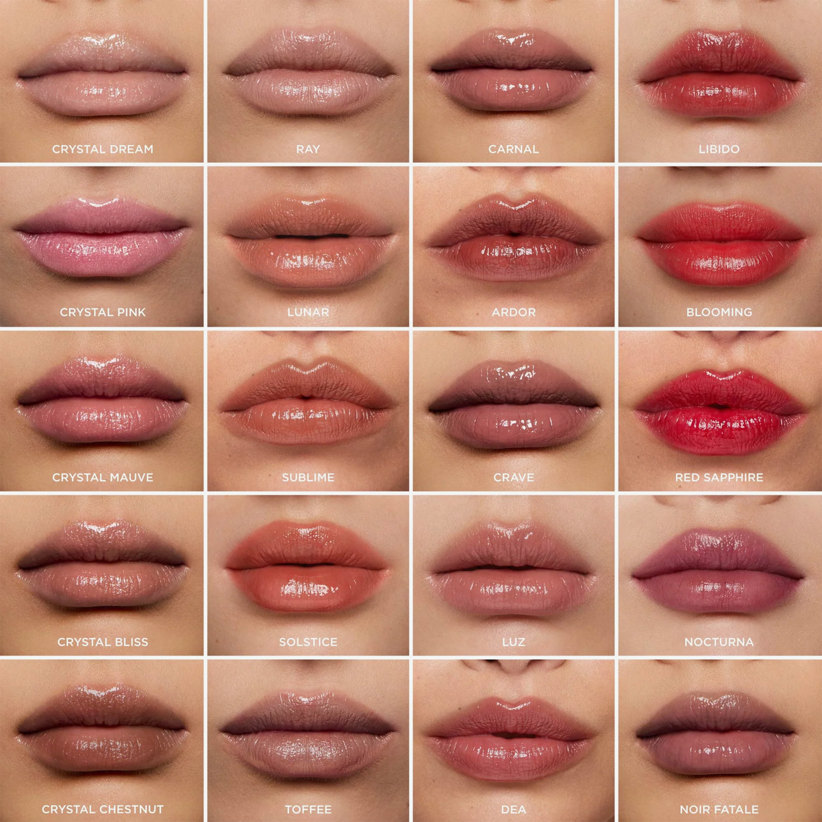 Raster von Lippen in 20 NABLA Cosmetics Beyond Jelly Lipstick Pearlescent-Farbtönen, von Nude bis Pink, Rot und Beere.