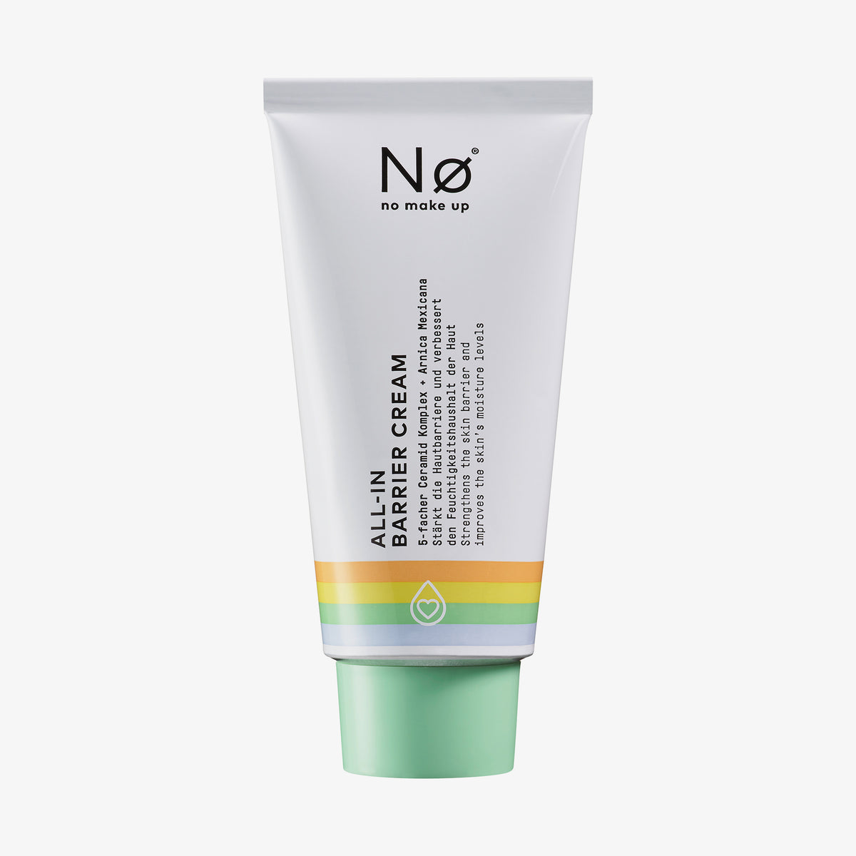 Tube der Celebrate Tøday All-In Barrier Cream mit pastellfarbenen Streifen und mintgrüner Kappe auf weißem Hintergrund.