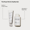 Die Olaplex No 0.5 Scalp Longevity Treatment und Ne. 3 Hair Perfector werden auf einem hellen Hintergrund präsentiert und die Vorteile aufgezeigt.