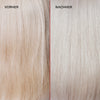 Lichtblondes gelbliches Haar (links) vor und glänzendes silbernes Haar (rechts) nach der Anwendung des N°4P Blond Enhancer Toning Shampoo.