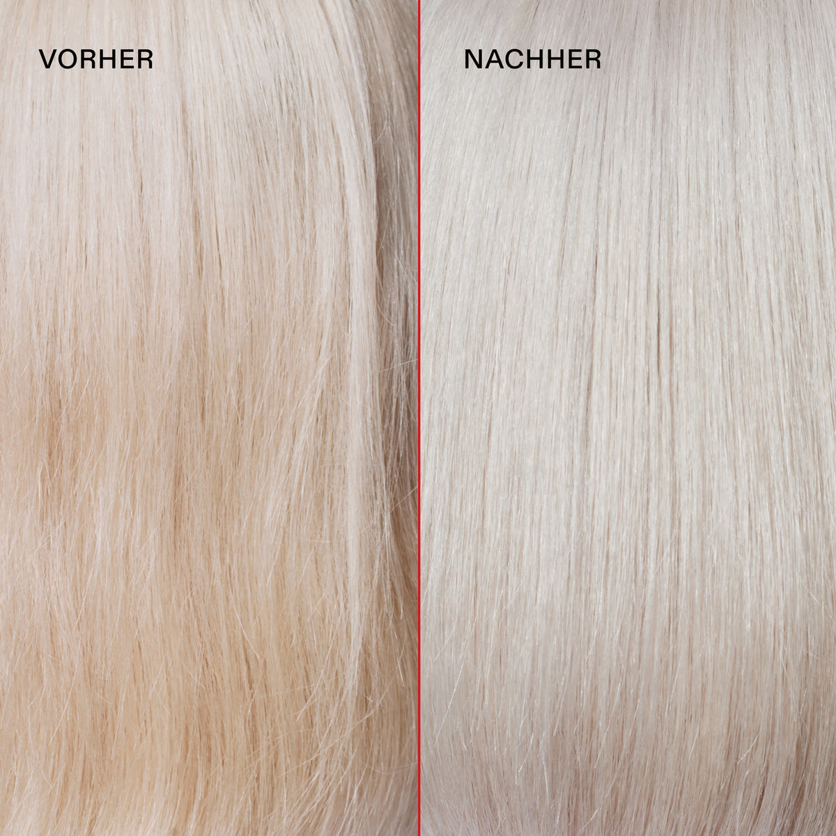 Lichtblondes gelbliches Haar (links) vor und glänzendes silbernes Haar (rechts) nach der Anwendung des N°4P Blond Enhancer Toning Shampoo.