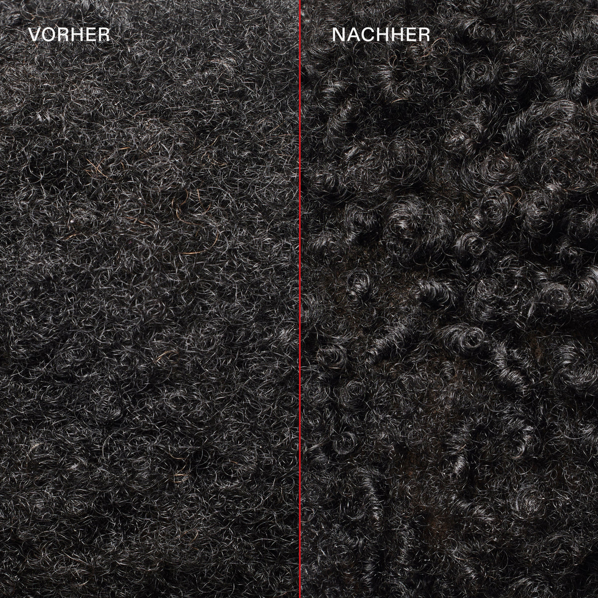 Schwarze krause Locken (links) vor und glänzendes definierte Locken (rechts) nach der Anwendung des N°5 Bond Maintenance Conditioner.