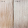 Gelbliches lichtblondes Haar (links) vor und silber leuchtende glatte Haar (rechts) nach der Anwendung des N°5P Blonde Enhancer Toning Conditioner.