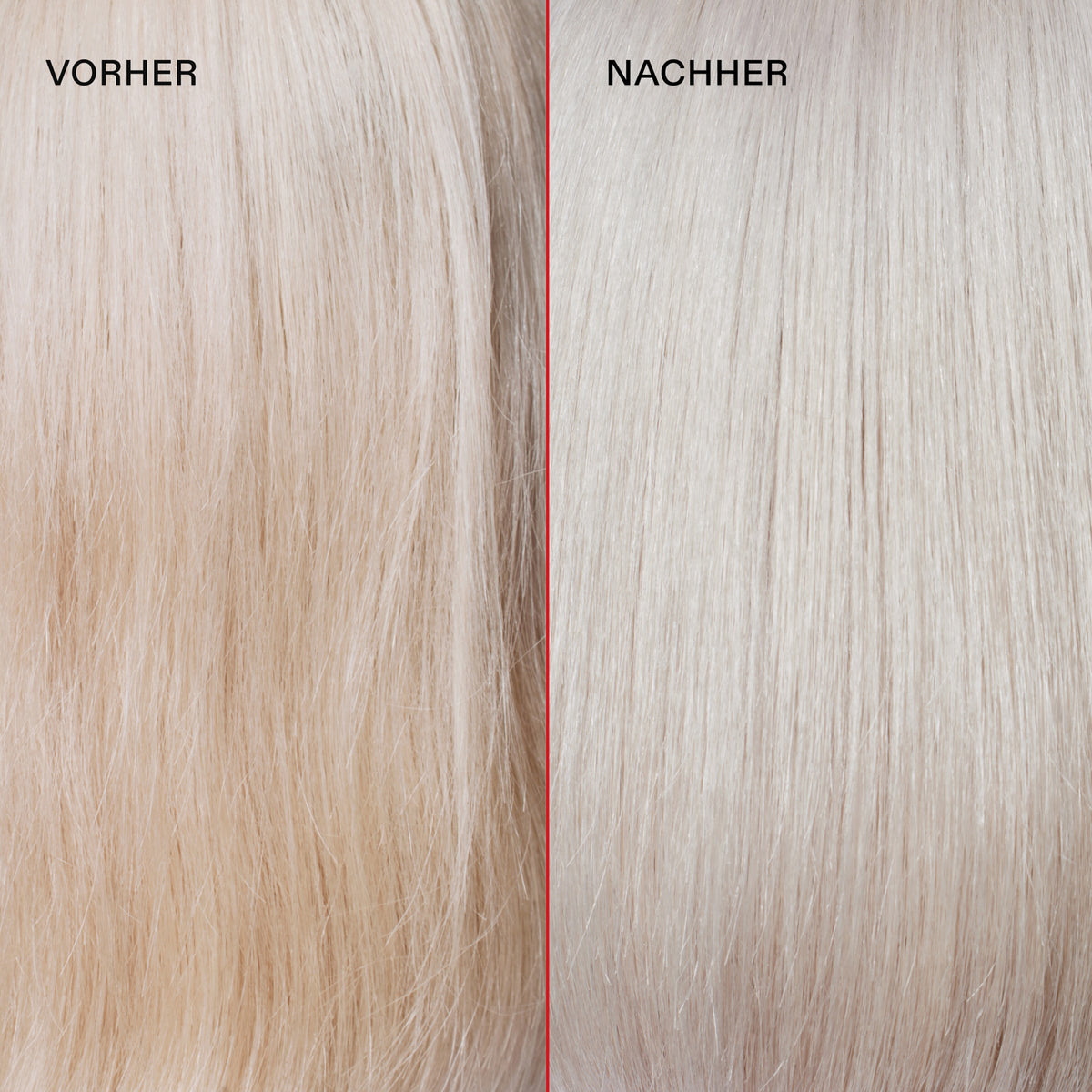 Gelbliches lichtblondes Haar (links) vor und silber leuchtende glatte Haar (rechts) nach der Anwendung des N°5P Blonde Enhancer Toning Conditioner.