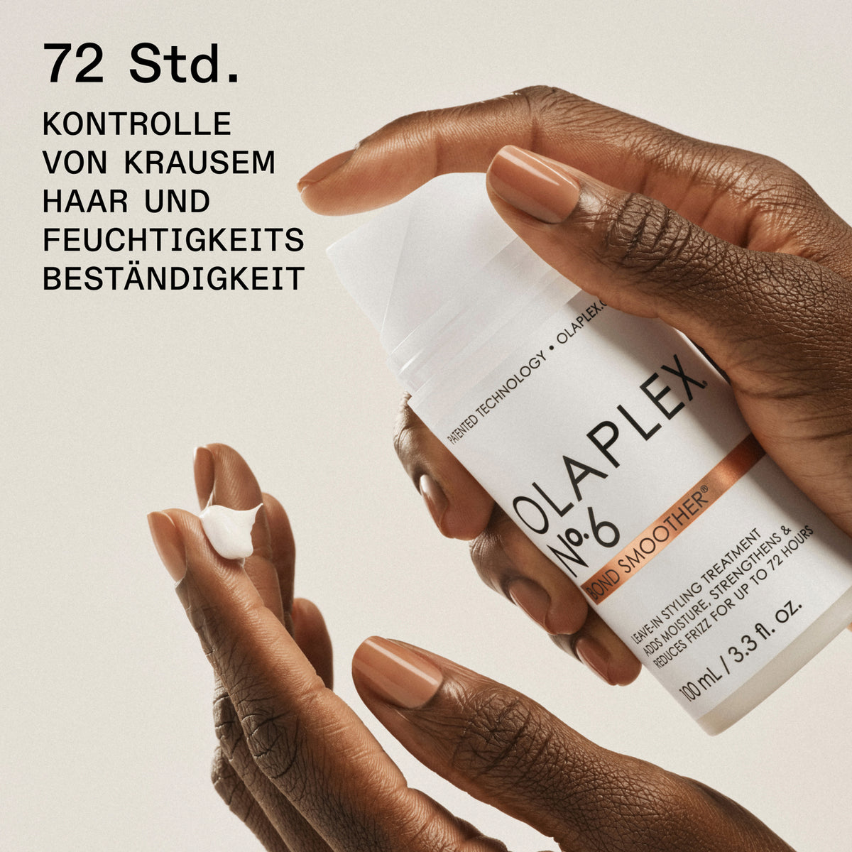 Hände halten den OLAPLEX N°6 Bond Smoother; dazu Produktvorteile.