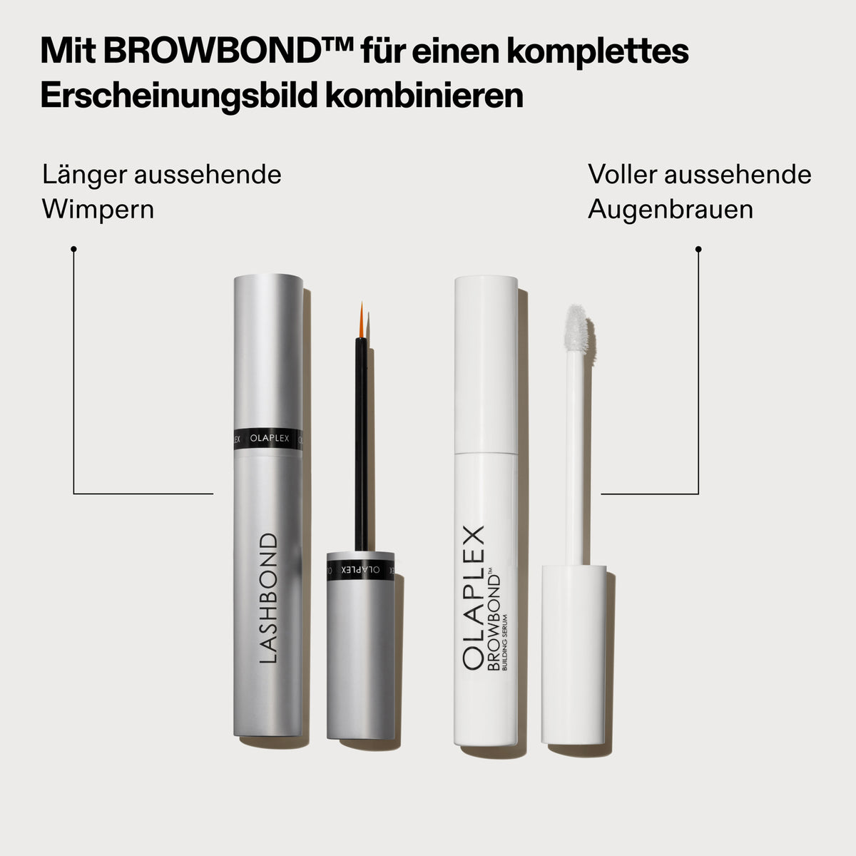 Zwei OLAPLEX-Produkte nebeneinander: Lashbond für längere Wimpern und Browbond für vollere Augenbrauen mit Applikatoren.