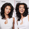 Frau mit dunkelbraunen undefinierten Locken (links) vor und voluminöseren definierten Locken (rechts) nach der Anwendung des Volumizing Blow Dry Mist.