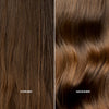 Vergleich von glattem braunem Haar mit der Bezeichnung Vorher und welligem, glänzenderem braunem Haar mit der Bezeichnung Nachher nach der Anwendung von SHYNE Cloud Shampoo.