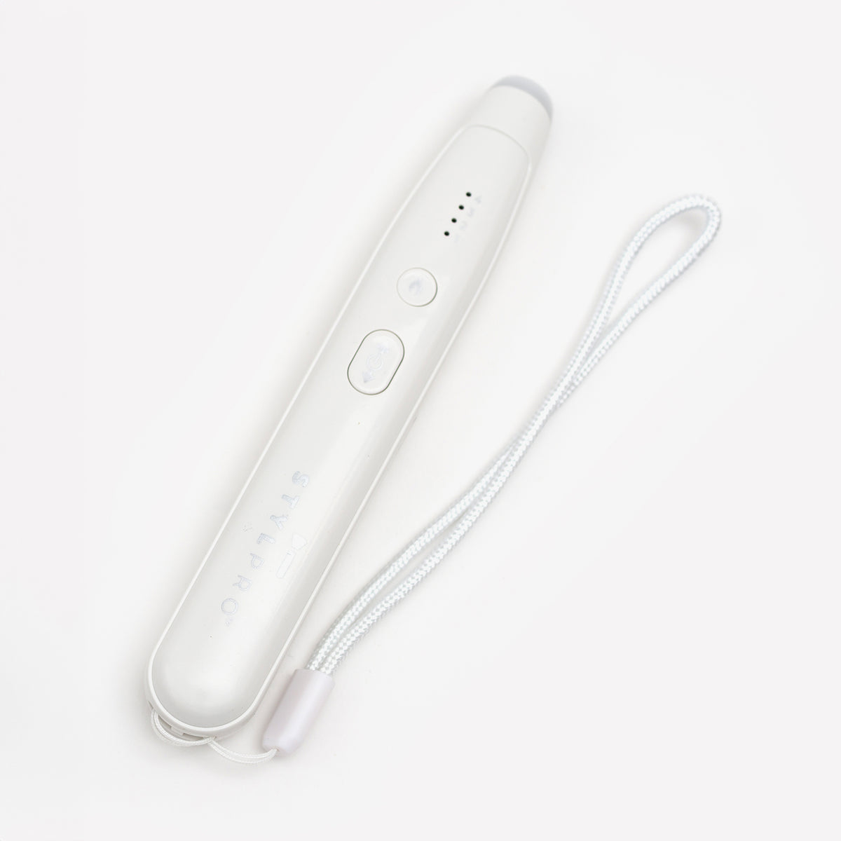 STYLPRO Bite Pen, ein weißes elektronisches Handgerät mit einer Handschlaufe, ist auf einem schlichten weißen Hintergrund abgebildet.