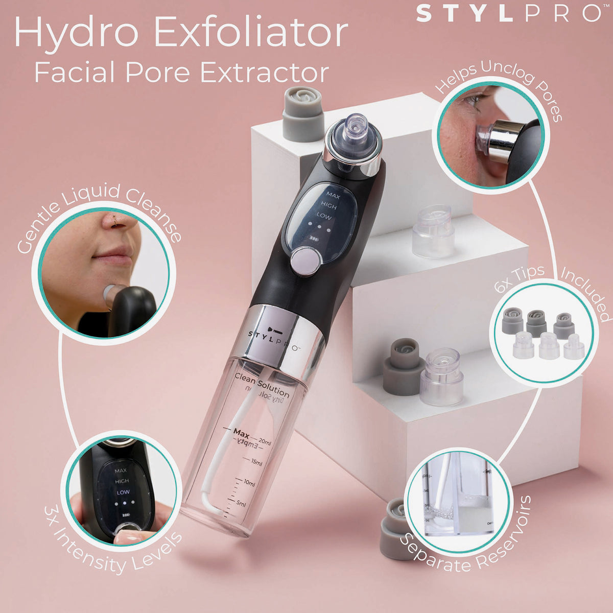 STYLPRO Hydro Exfoliator mit Aufsätzen und Anwendungsbildern; reinigt Poren mit Flüssigkeit, 3 Intensitätsstufen, 6 Aufsätze enthalten.