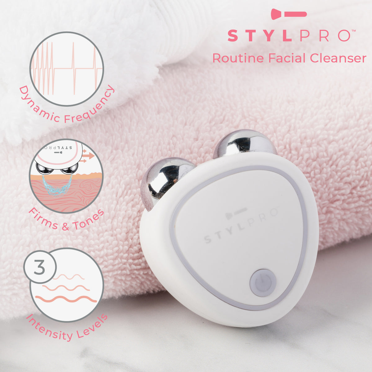 STYLPRO Microcurrent-Gerät auf rosa Handtuch, daneben Symbole: dynamische Frequenz, strafft & formt, 3 Intensitätsstufen für Gesichtspflege.