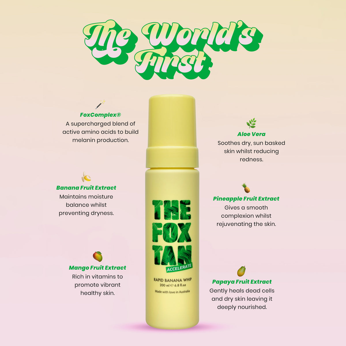Die gelbe Flasche von Rapid Banana Whip ist von Texten umgeben, die die Inhaltsstoffe und Produkteigenschaften hervorhebt.
