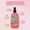 Rosa Sprühflasche Rapid Watermelon Shimmer von THE FOX TAN, mit einem Text, der die Bräunungsvorteile und Inhaltsstoffe hervorhebt.