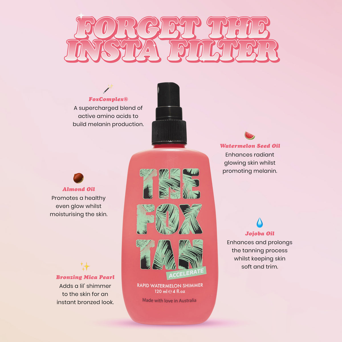 Rosa Sprühflasche Rapid Watermelon Shimmer von THE FOX TAN, mit einem Text, der die Bräunungsvorteile und Inhaltsstoffe hervorhebt.