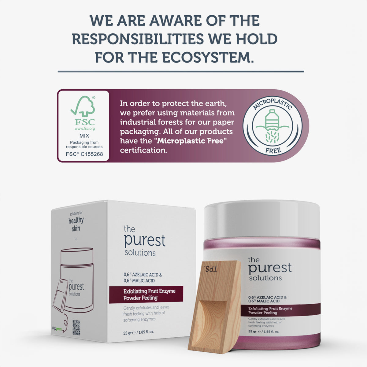 Mikroplastikfreier Fruit Enzyme Powder Peeling von The Purest Solutions in FSC-zertifizierter, umweltfreundlicher Verpackung.