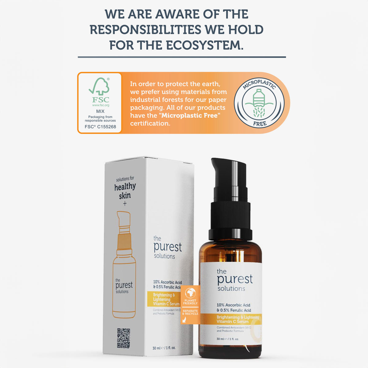 Eine Flasche Vitamin-C-Serum und die dazugehörige Verpackung mit Hervorhebung der Umweltzertifizierungen.