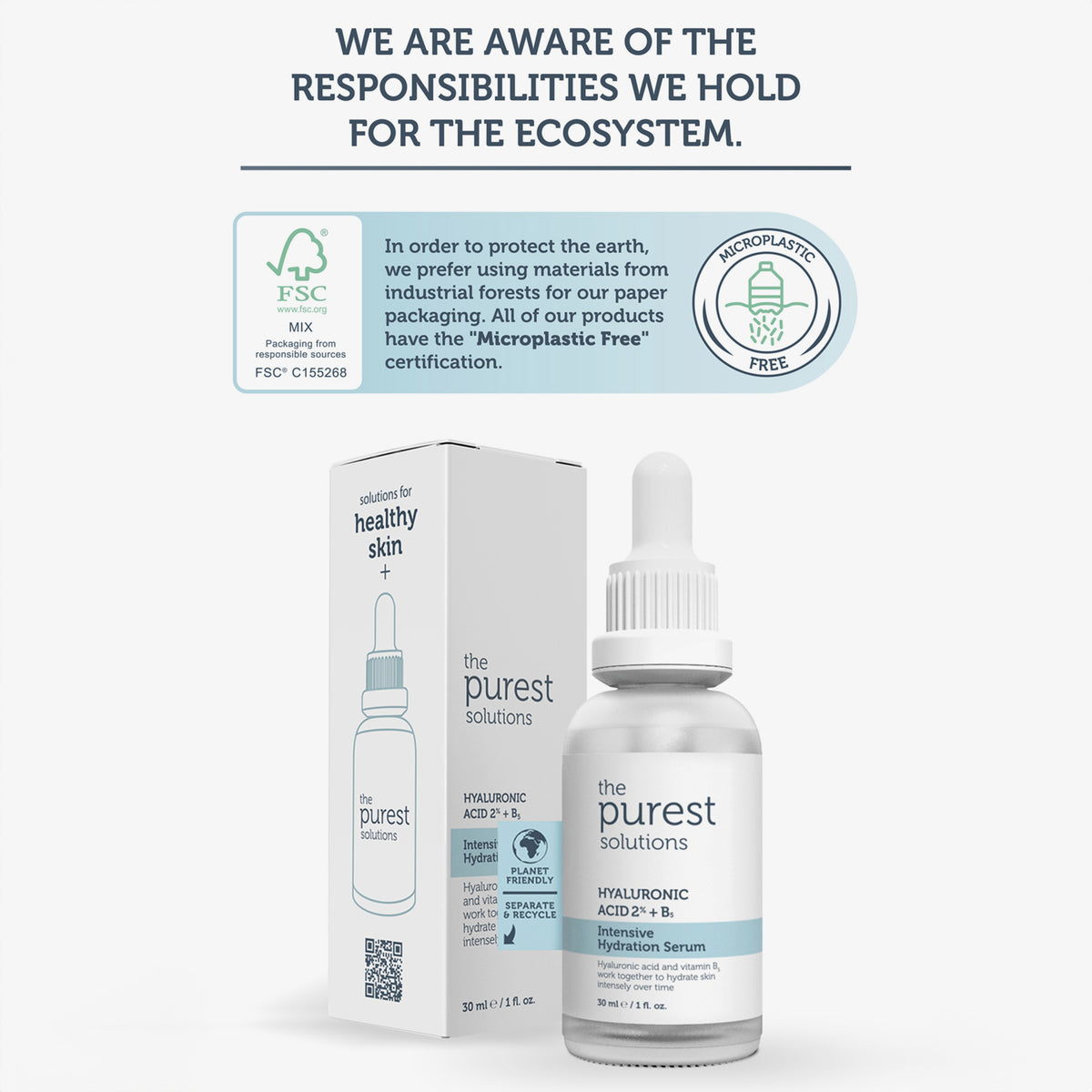 Tropfflasche und Schachtel mit 2 % Hyaluronsäure + B5 Intensive Hydration Serum mit den oben stehenden Informationen zur umweltfreundlichen Verpackung.