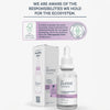 Flasche und Schachtel des Serums und umweltfreundlichen und mikroplastikfreien Symbolen.