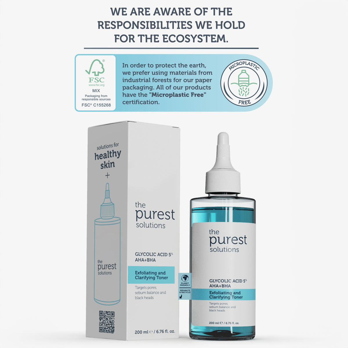 Mikroplastikfreier Glycolic Acid 5% AHA+BHA Toner von The Purest Solutions in FSC-zertifizierter, umweltfreundlicher Verpackung.