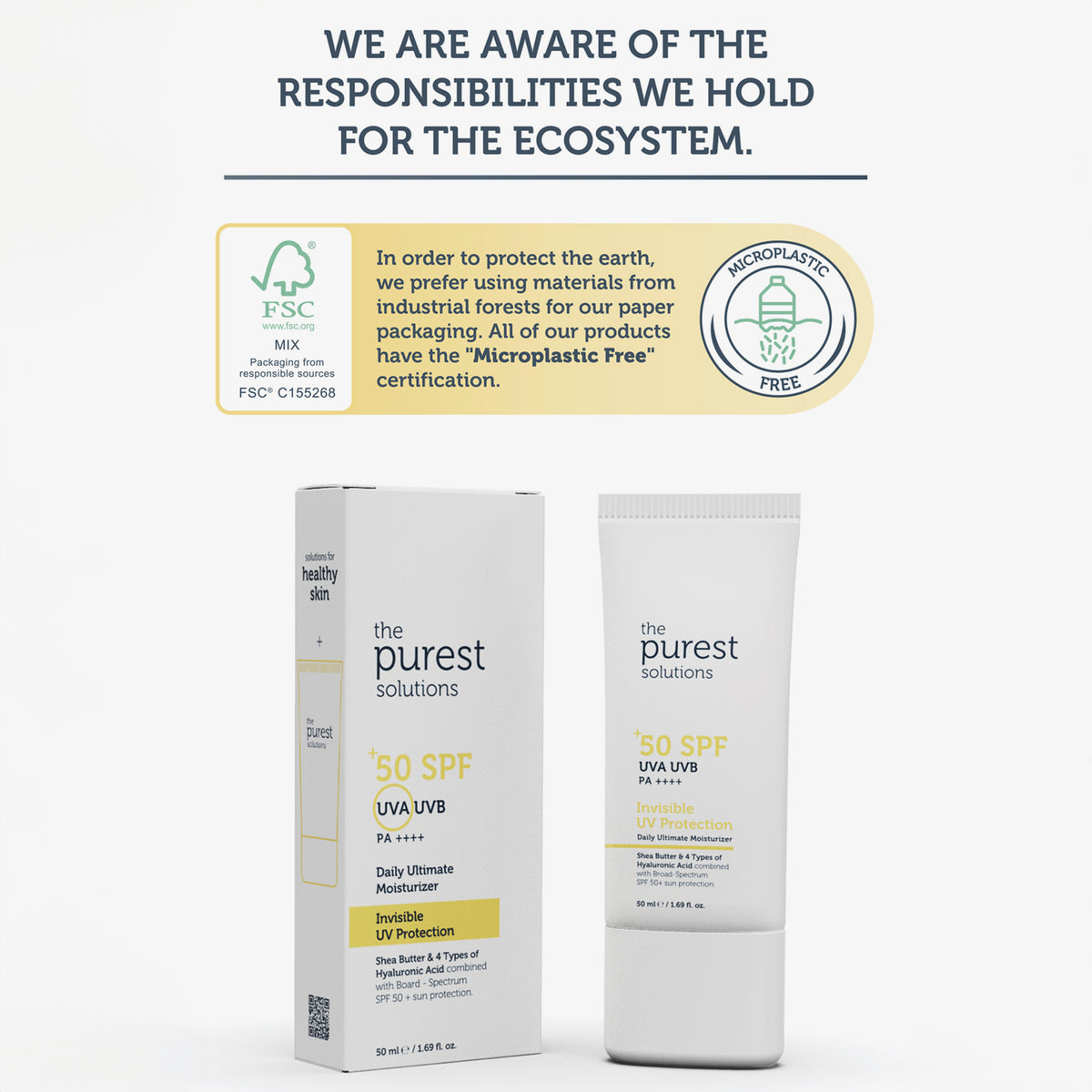 Abgebildet ist die SPF 50 Invisible UV Protection Cream. Die Verpackung ist FSC-zertifiziert und das Produkt mikroplastikfrei.