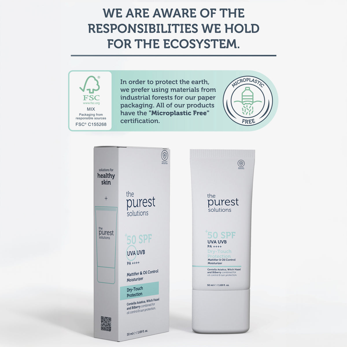 Die umweltfreundliche Verpackung des 50+ SPF UVA/UVB Dry-Touch Protection Mattifier & Oil Control Moisturizer Sunscreen mit der Zertifizierung „ohne Mikroplastik“ und dem FSC-Logo.